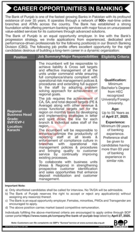 BoP The Bank Of Punjab Regional Business Head Jobs 2025