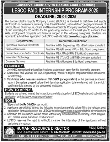 LESCO Lahore Electric Supply Company Jobs 2025