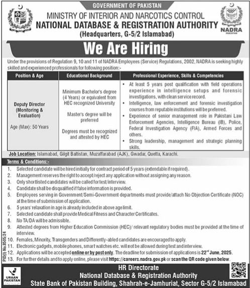 NADRA Deputy Director Jobs In Islamabad 2025 – Apply Now