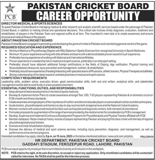 PCB Pakistan Cricket Board Lahore Job 2025 – Apply Today