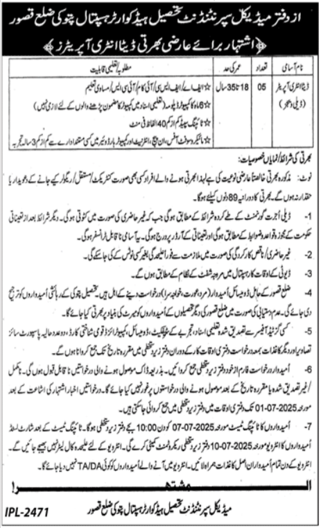 THQ Tehsil Headquarter Hospital Pattoki Jobs 2025 – Apply Now!